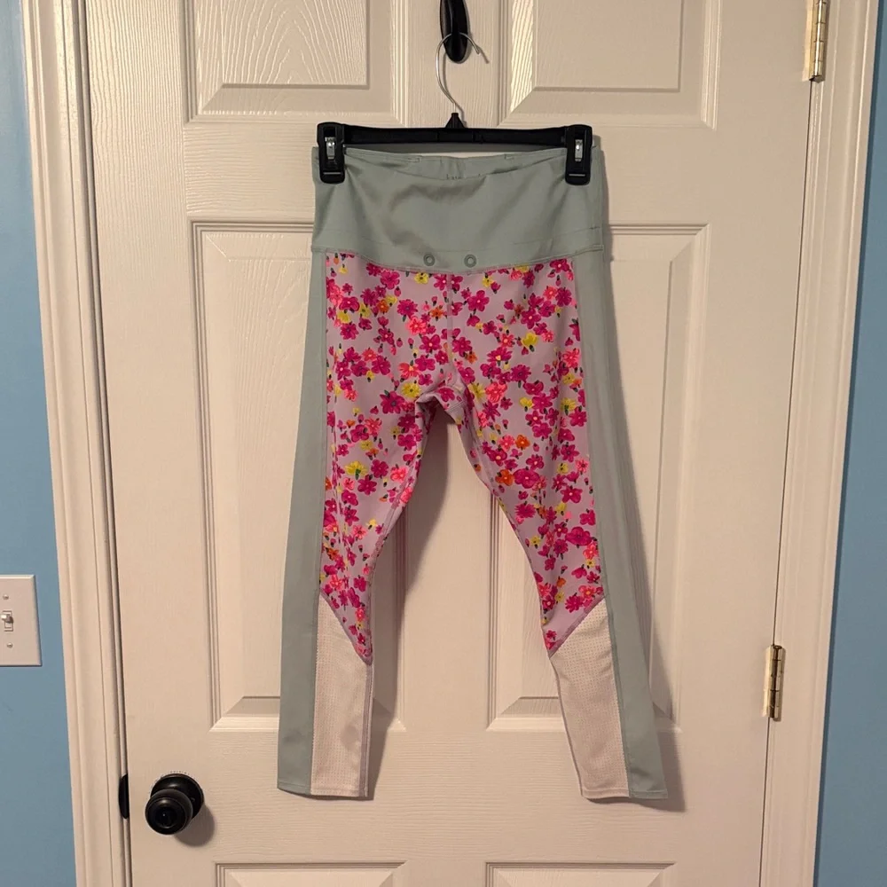 496 Kate Spade New York Floral Colorblock Leggings Small Pink Green Athleisure